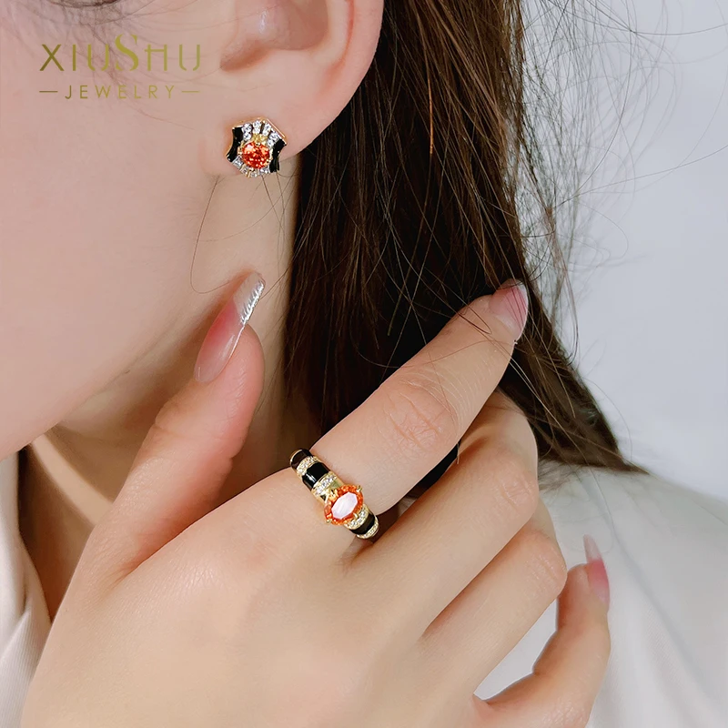 Medieval style enamel color Fenda orange 925 silver ear nail niche retro personality vintage light luxury decoration daily