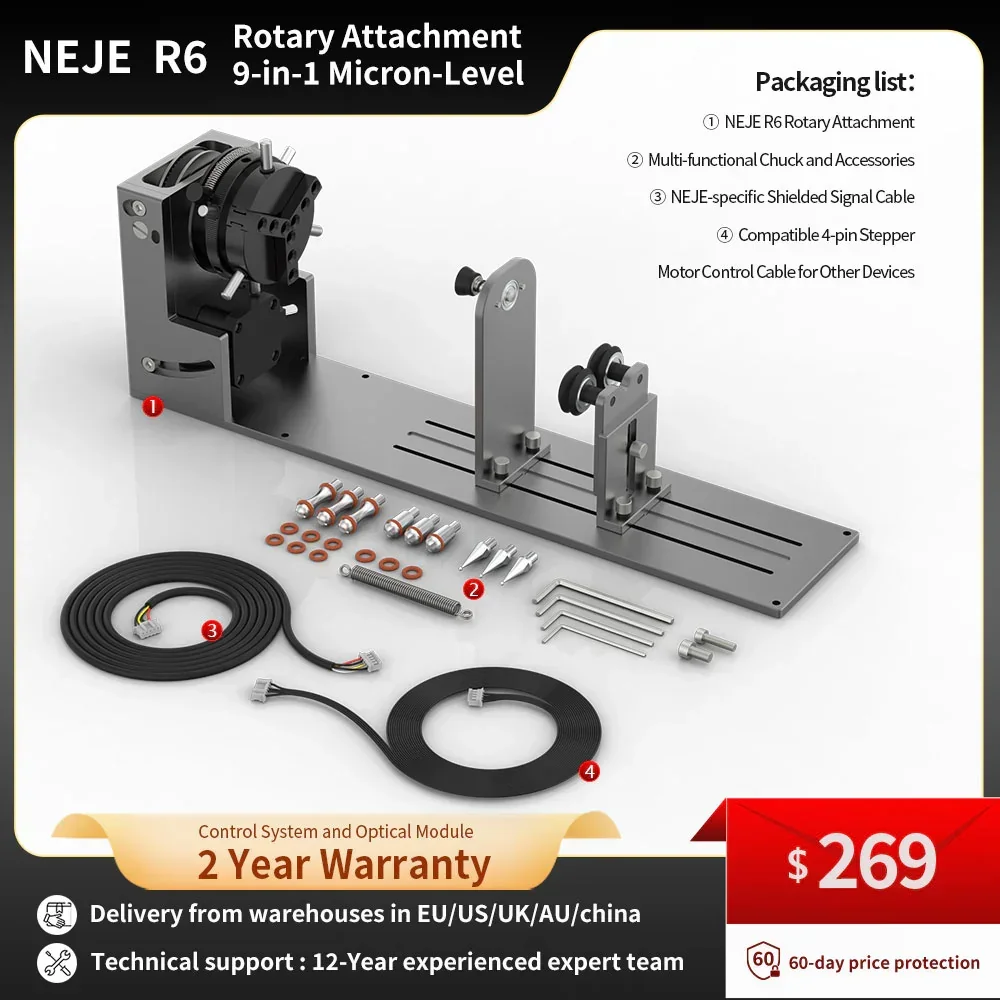 

NEJE R6 A-axis Rotary Roller Attachment, 9-in-1 Chuck for Laser Engraving Machine, Cup/Ring/Bat/Plate Engraving