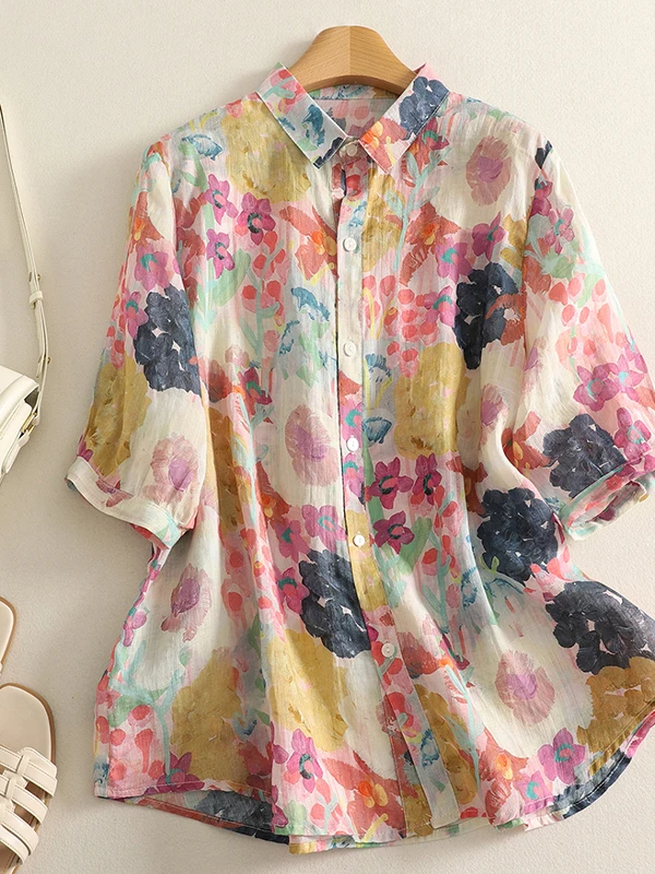 

Художественный льняной кардиган с принтом большого размера, женский модный воротник на одной пуговице, летний кардиган с неравномерным открытием, пять свечей