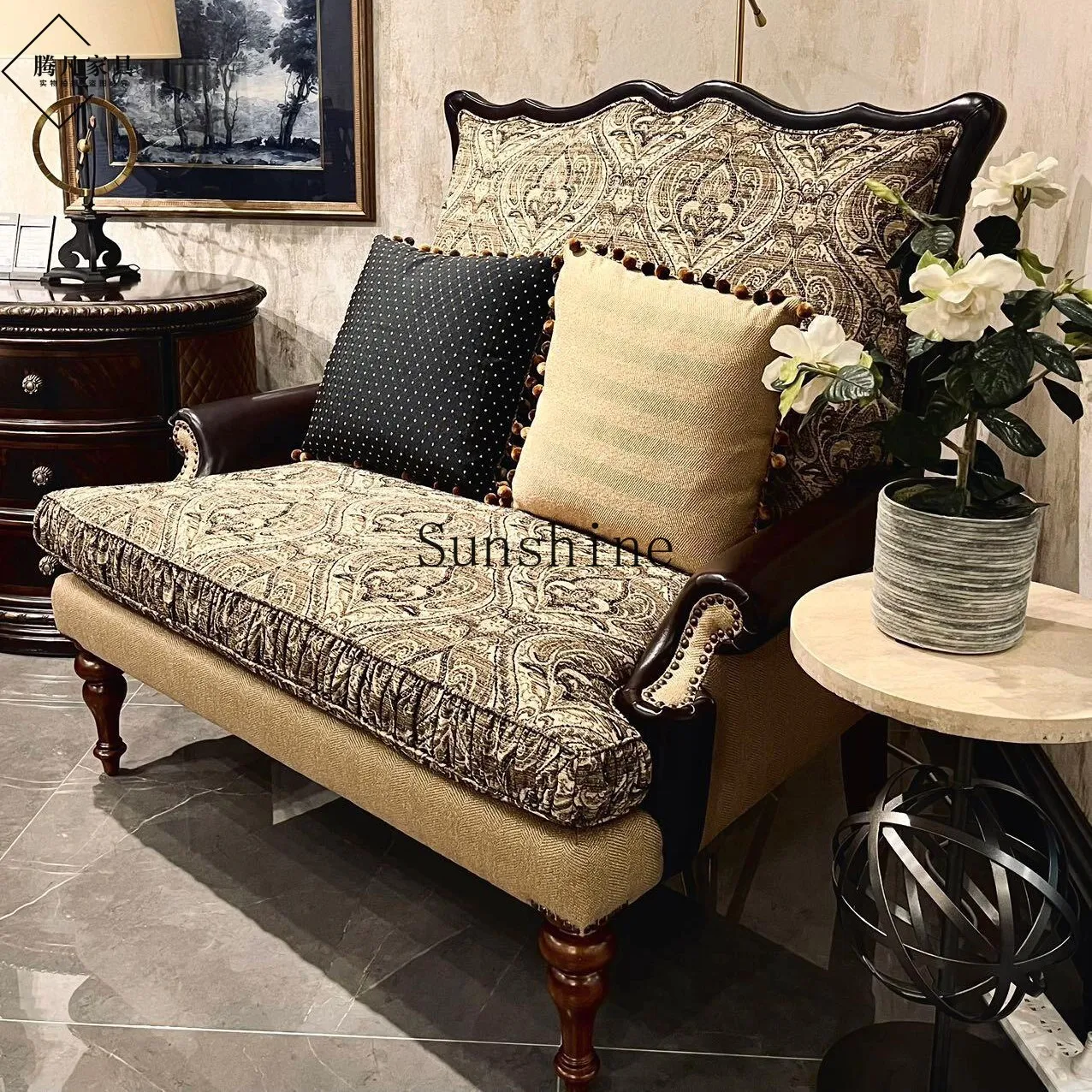 Leather cloth combined with high back chair solid wood retro living room double jacquard sofa