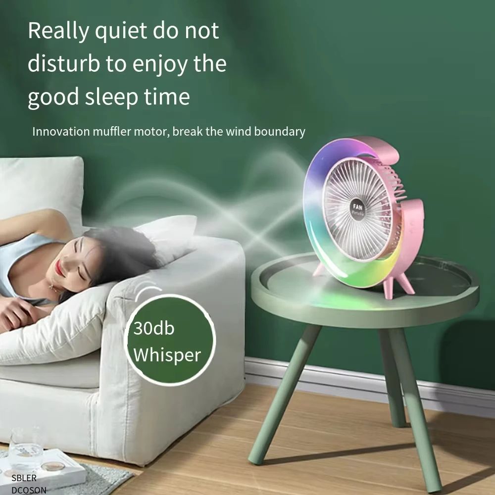 Portable Fan USB Rechargeable 180° Adjustable Three-speed Wind Power Colorful Light Air Circulation Fan Home Bedroom Fan