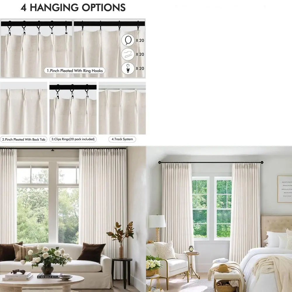 

Плиссированные полупрозрачные шторы 108 дюймов, имитация льняных, с кольцами и зажимами для карнизной системы, комплект из 2 панелей для Li