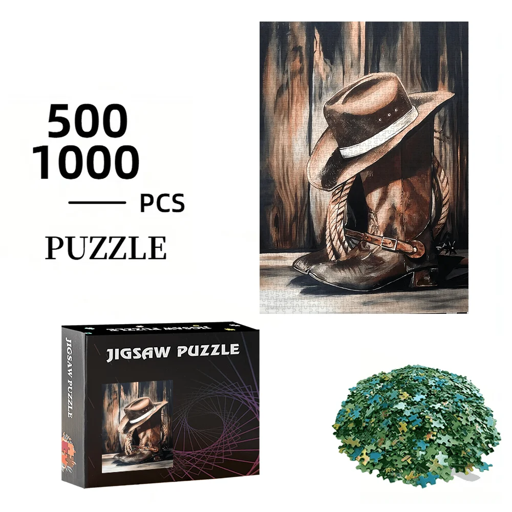 Cowboy Hat & Boots 500pcs/1000pcs Puzzle Game - Gift for Family Interactive Play, DIY Jigsaw Fun, Home Decor Brain Challenge –