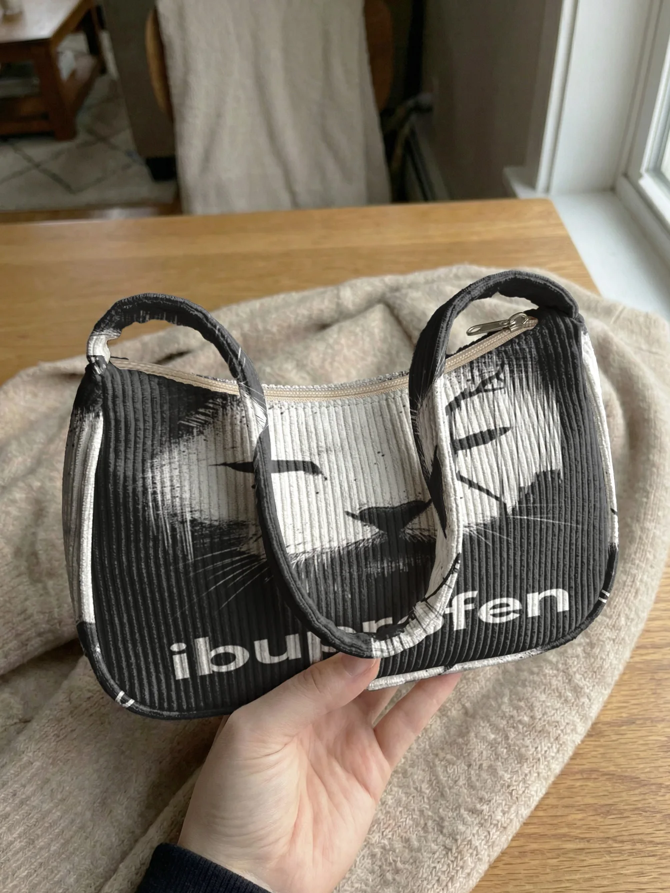 Trendy Cat Ibuprofen Print Shoulder Bag, Corduroy Underarm Bag for Daily Casual Use
