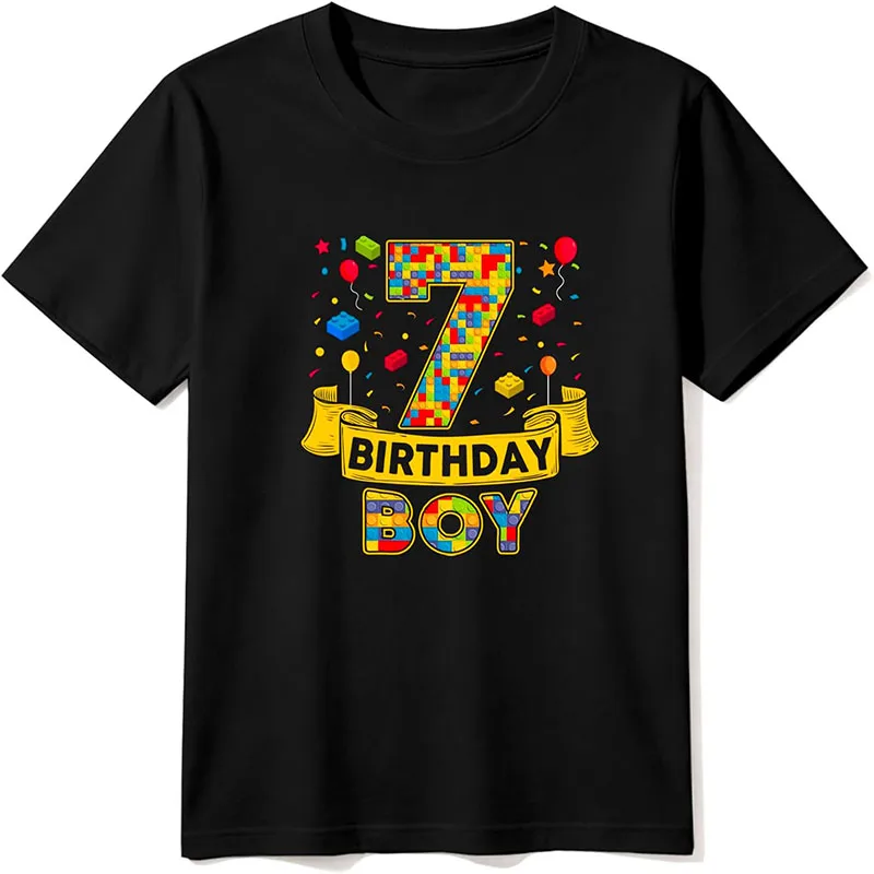 Kids 7th Birthday Boy Building Blocks Number 7 Graphic T-shirt Birthday Party Short Sleeve Cotton Tee Tops