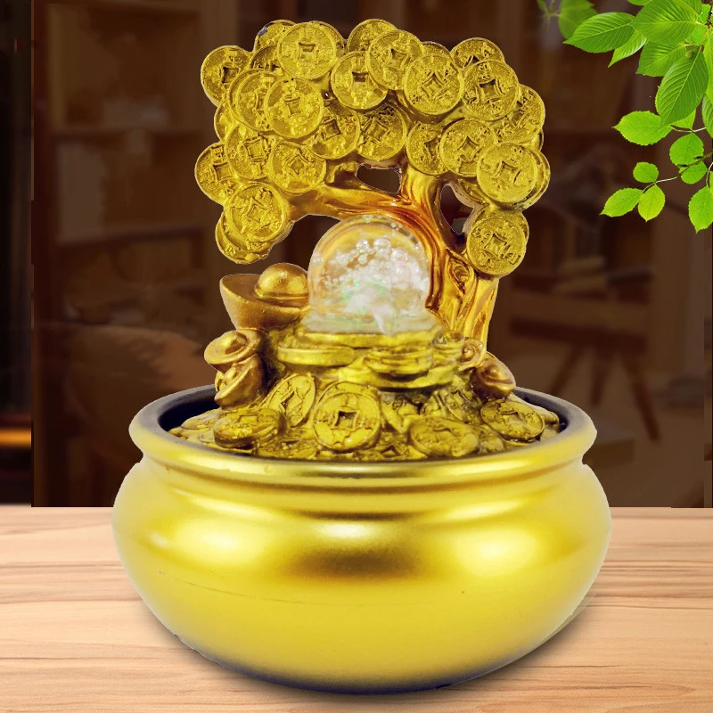 Gold Money Tree Water Fountain Ornaments Home Lucky Feng Shui Transfer Ball Waterscape Office Living Room Desktop Air Humidifier