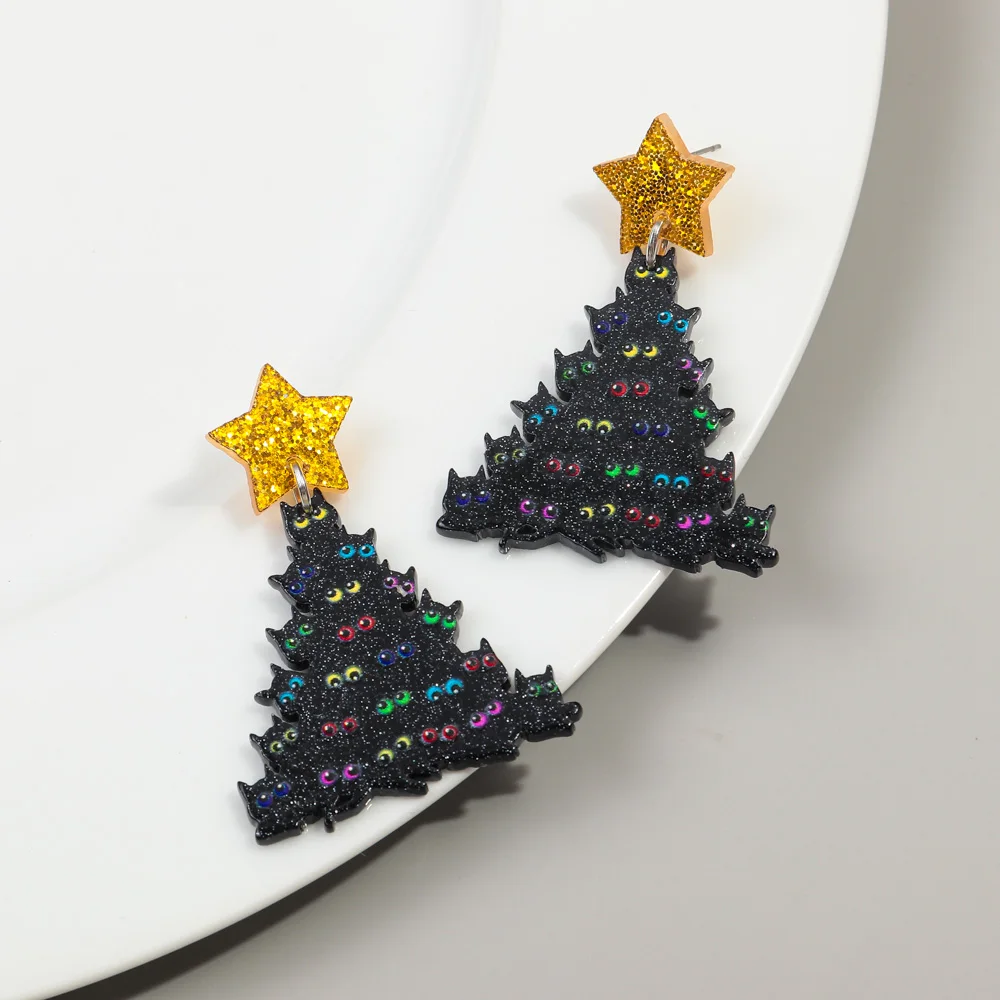New Christmas Tree Cat Eyeballs Star Acrylic Earrings Pendants for Women Funny Xmas Tree Eyes Drop Earring Halloween Jewelry - Image 3
