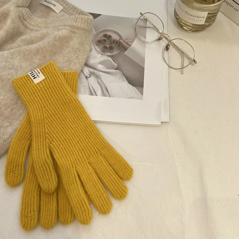 Solid Color Ins Knitted Knitting Wool Gloves Simple Autumn Winter Korean Style  Finger Touch Screen Warm Finger Containing Wool