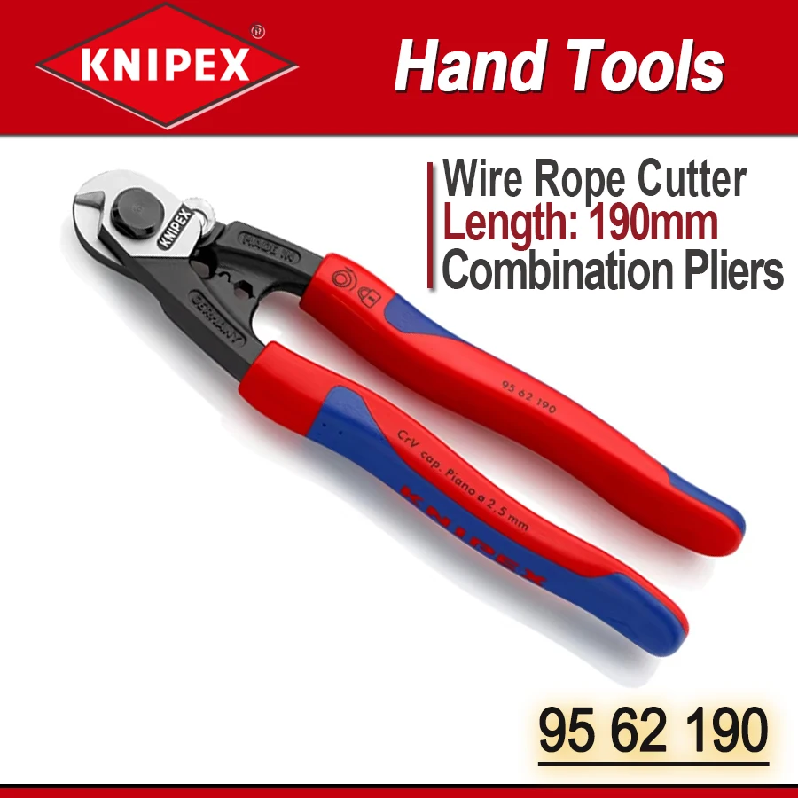 KNIPEX 95 62 190 Wire Rope Cutter Mutil-Combination Pliers with Tether Attachment Point Comfort Grip 7 1/4-Inch