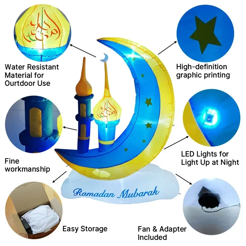 Ramadan Mubarak Decorazioni lunari gonfiabili per esterni Illuminate Blow Up Decorazioni per la santa celebrazione musulmana per il giardino del prato delle vacanze