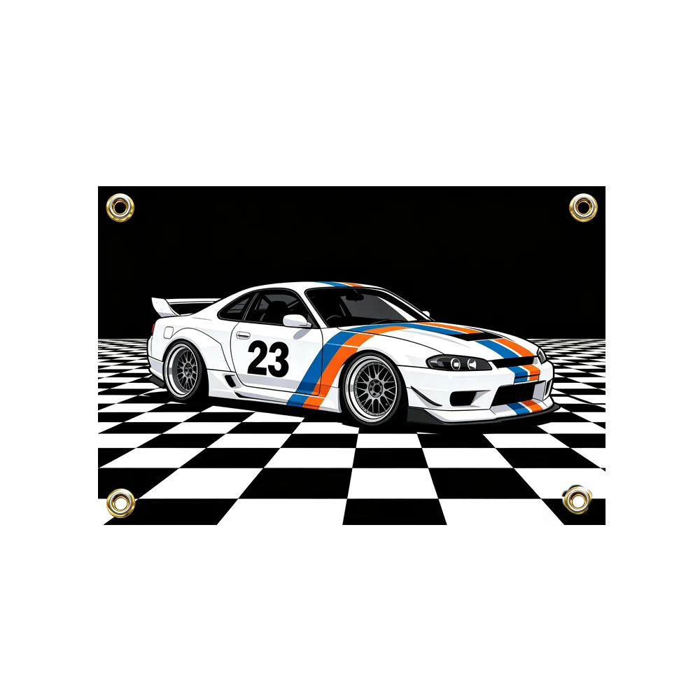 White JDM Racing Car Number 23 Flag 2x3ft 3x5ft Checkered Background Polyester For Car Fans Garage Bedroom Dorm Man Cave Decor