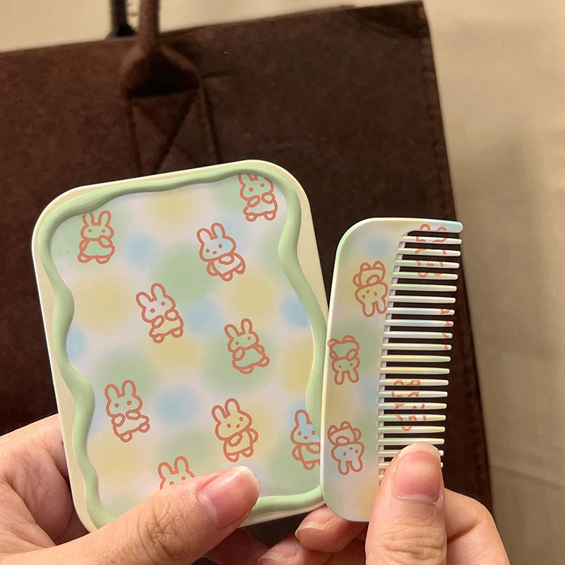 Cartoon Rabbit Pattern Flip-Top Folding Makeup Mirror Portable Pocket Mirror Rectangle Cosmetic Mirror With Comb For Women Girls