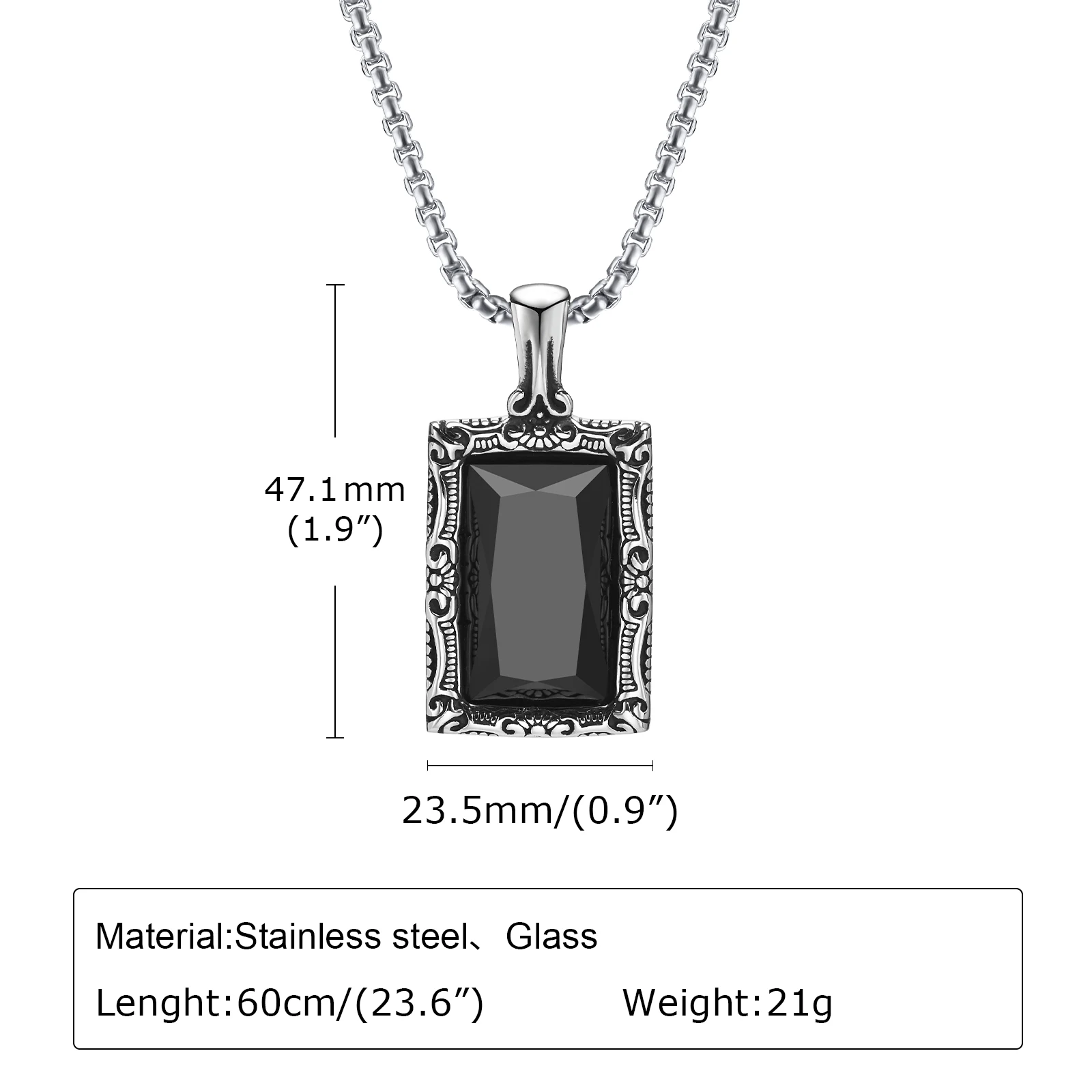 Vnox Men's Black Square Pendant Necklace, Silver Stainless Steel