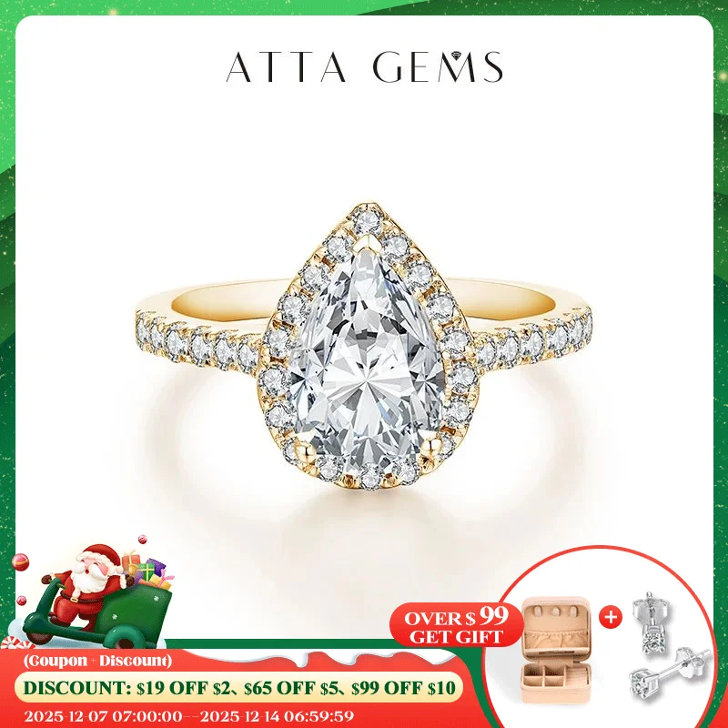 

ATTAGEMS Pear Cut 2.0CT D Color VVS1 Luxury Moissanite Ring Real 925 Sterling Silver for Women Engagement Wedding Jewelry Gift