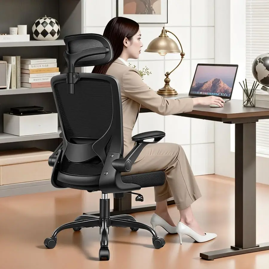 

Office Desk Chair Comfy, High Back Mesh Office Desk Chairs with Adjustable Lumbar Support, Headrest, Flipup Armrests, Home Comp