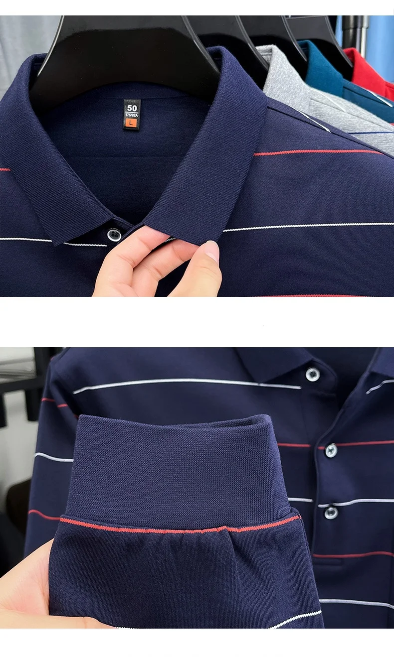 Hochwertiges gestreiftes Langarm-Poloshirt für Herren, neues Komfort-Taschendesign, Frühling/Herbst, luxuriöses Business-Casual-T-Shirt. – Detail 20