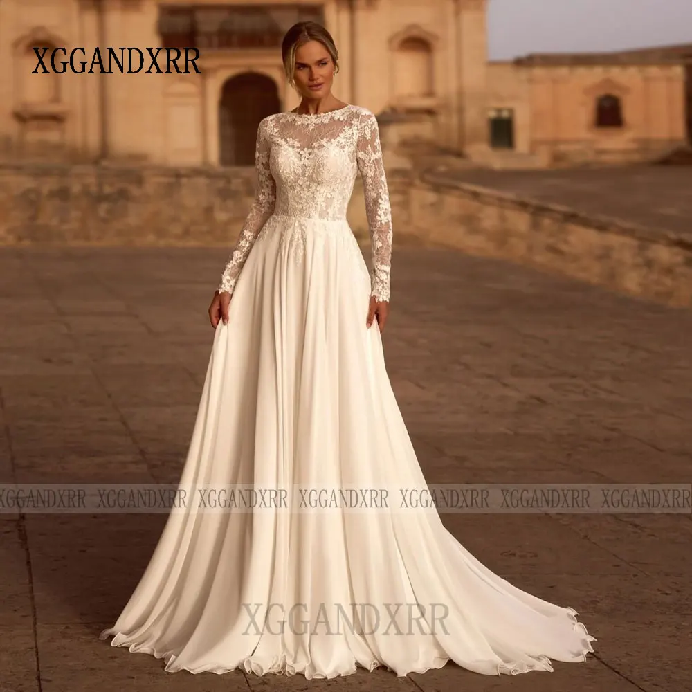 فستان زفاف شيفون بأكمام طويلة مخصص 2026 فستان زفاف برقبة دائرية مزين بالدانتيل سويب تراين امرأة العروس ملابس رسمية بيضاء