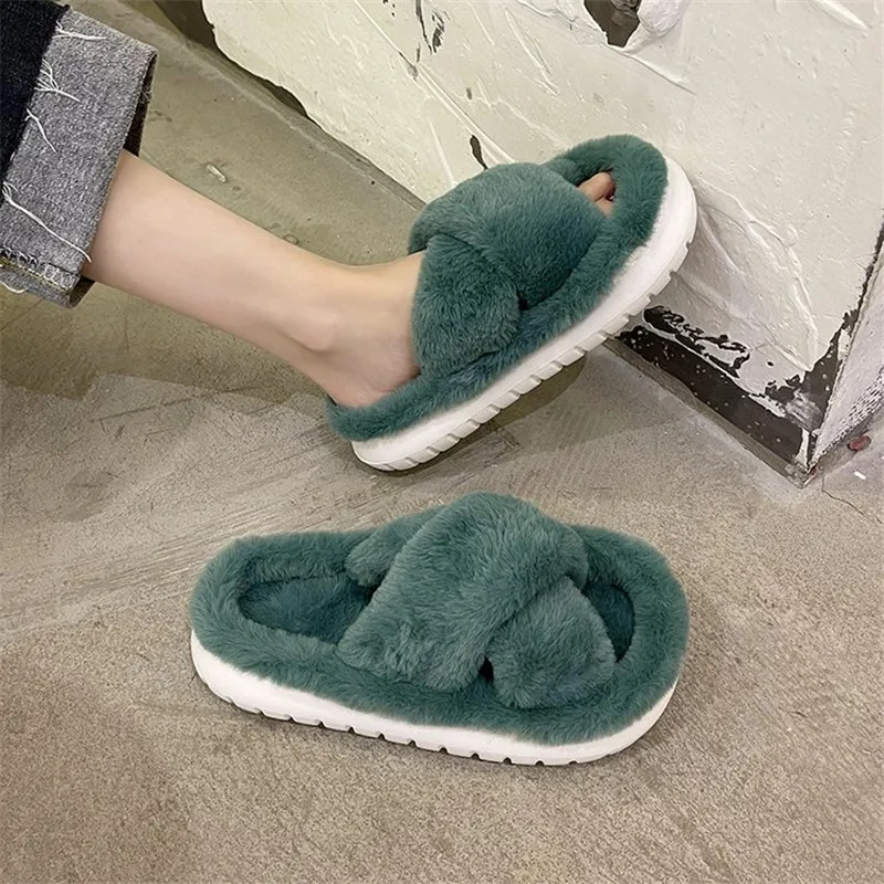 COOTELILI 2024 Winter House Slippers Women Female Faux Fur Women Warm Designer Platform Shoes Woman Flats Furry Slip on  40 41