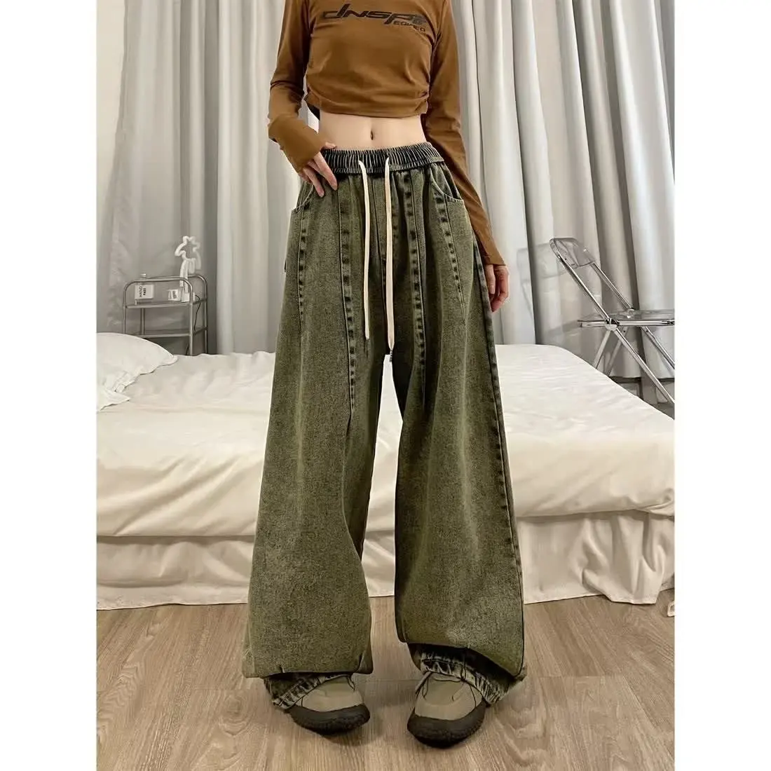 Pleated Faded Drawstring Jeans for Men and Women，American Vintage Washed Couple Wide-leg Casual Cargo Pants Jeans for Women Y2k