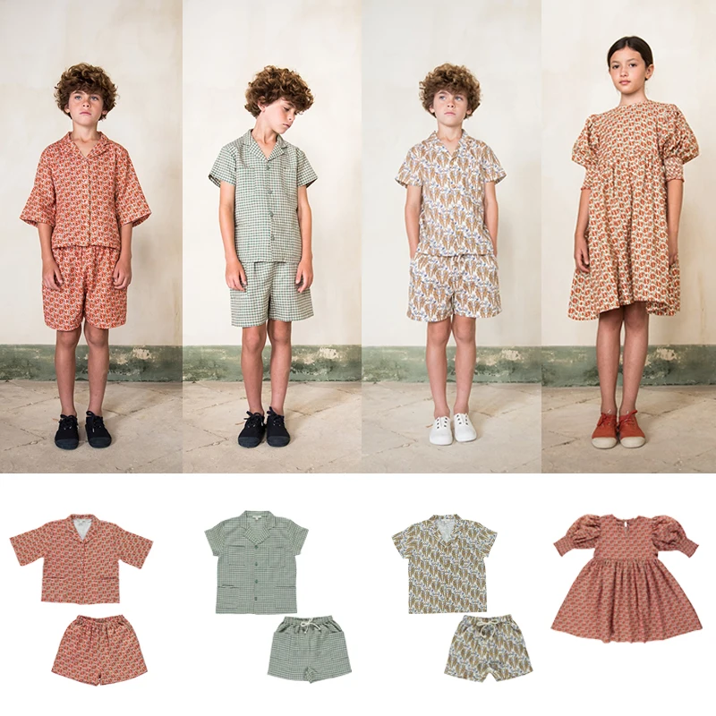 summer New kid clothes Ramie cotton short-sleeved shirt shorts Flower set Plaid suit Boys girls sets Lace Lace Doll dress