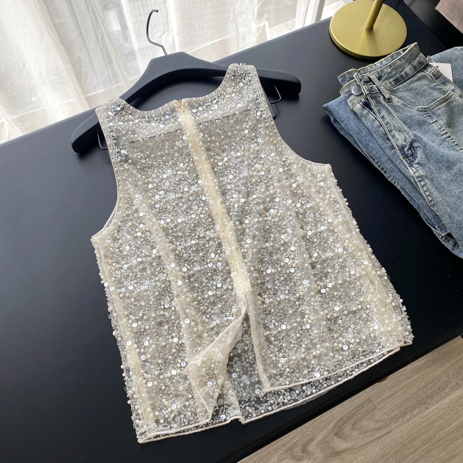 Hotsweet Vintage casual glitter sleeveless O-Neck Slim Top French Streetwear Fashion Summer Sexy basics blouse