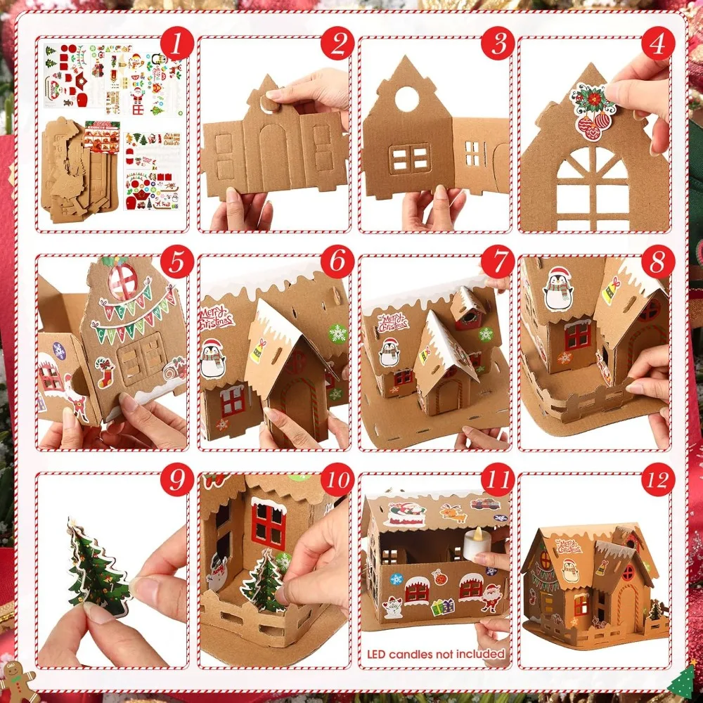 Yunsailing Christmas Gingerbread House Kit Cardboard Christmas ay Fun Game Party Decorating Playtime(12 Sets)