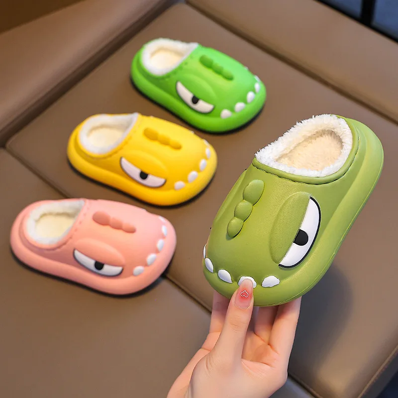 Cute Dinosaur Kids Shoes for Girls Comfortable Winter Cotton Slippers Baby Waterproof Indoor Non-slip Home Furry Slippers