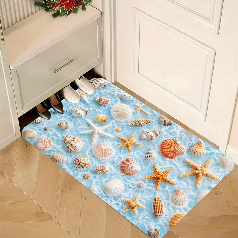 Light Blue Bubble Ocean Seashell Starfish Non Slip Entry Rug Indoor Outdoor Coastal Beach Front Mat