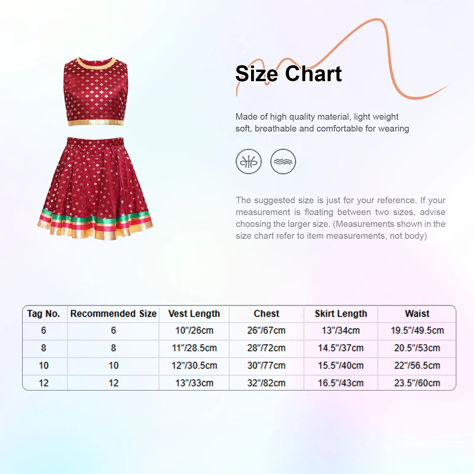 Strój taneczny dla dziewczynek, indyjski lehenga choli, satynowy brokat ze złotymi motywami, krótki top i spódnica, kostium taneczny.