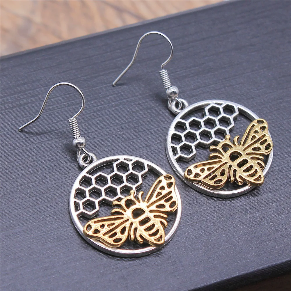 Fashion Handmade Simple Design Antique Silver Color Bee Honeycomb Pendant Earrings Women Vintage Drop Earrings