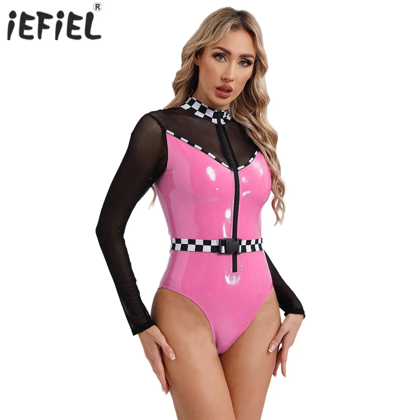 Womens Lingerie Patent Leather Latex Bodysuit Jumpsuit Sheer Mesh Front Zipper Speed Racer Driver Cosplay Bodysuit with Belt