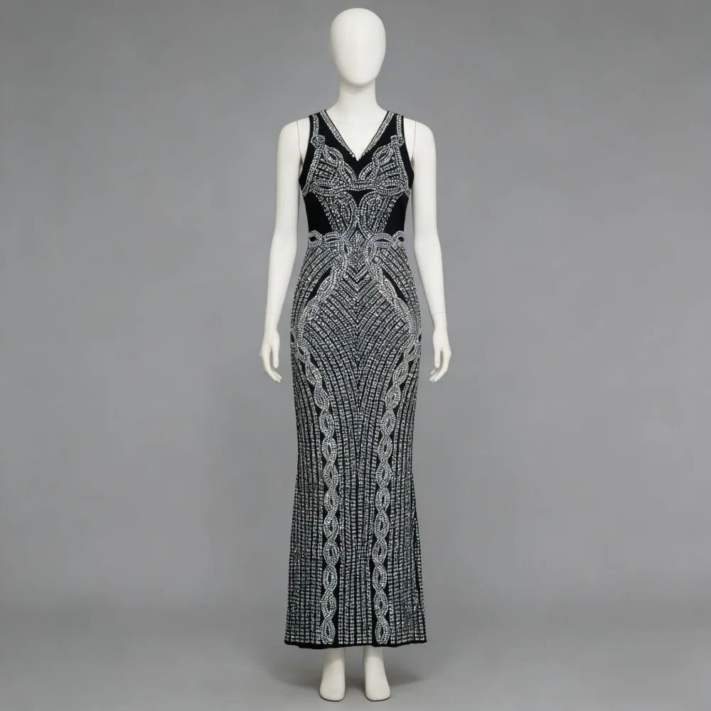 Luxury Rhinestone Embellished Maxi Dress V Neck Sleeveless Geometric Pattern Mesh High Waist Slim Fit Celebrity Party Gown