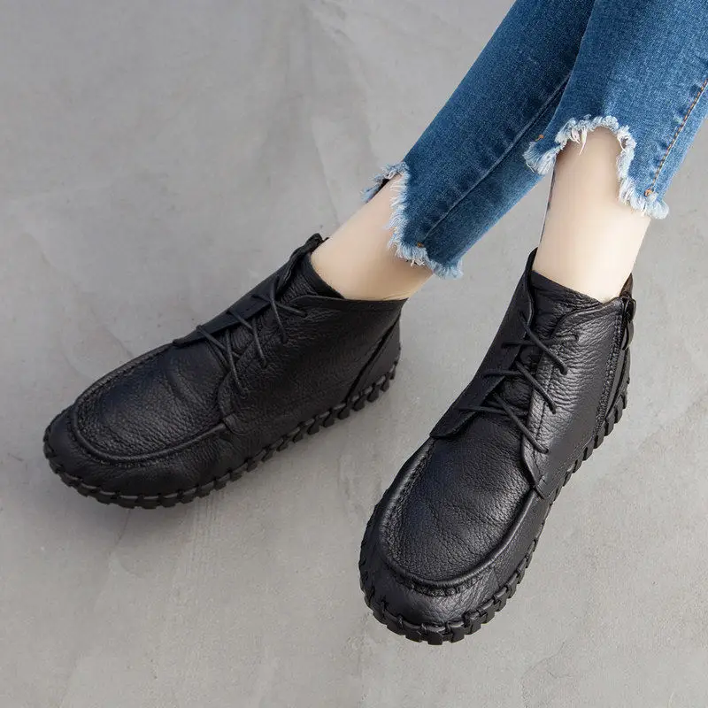 Giày Da Thật Nữ Thu Đông Phối Ren Giày Oxford Size Lớn 42 Người Phụ Nữ Mùa Đông Bộ Lông Ngắn Boot Nữ Chống Thấm Nước mắt Cá Chân Giày