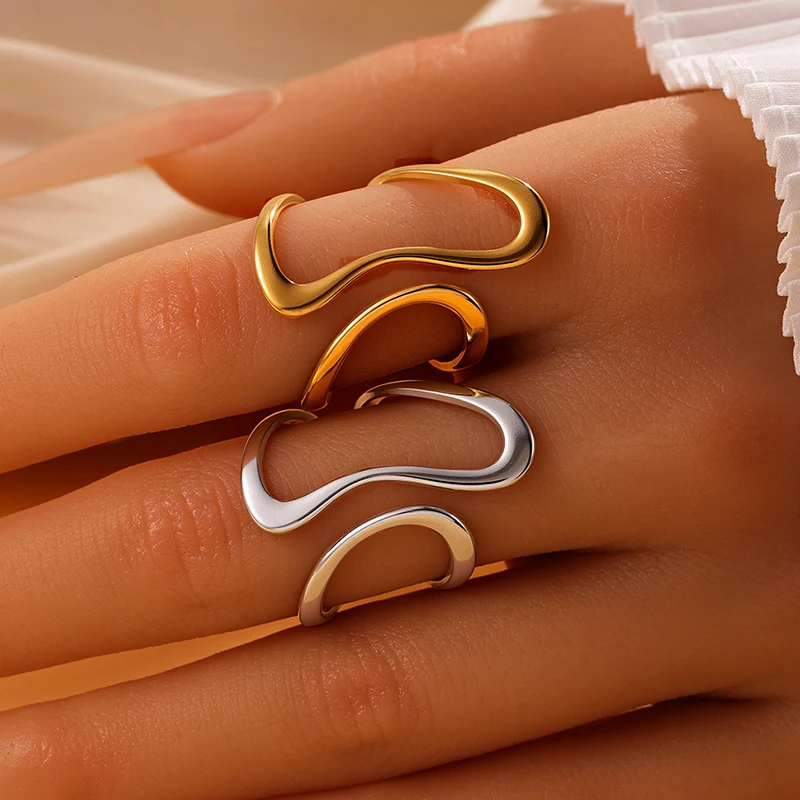 Geometrischer offener Ring aus Edelstahl für Damen und Herren, einfacher verstellbarer Linien-Fingerring, modisch, lässig, alltagstauglich, vielseitiger Schmuck, Geschenk