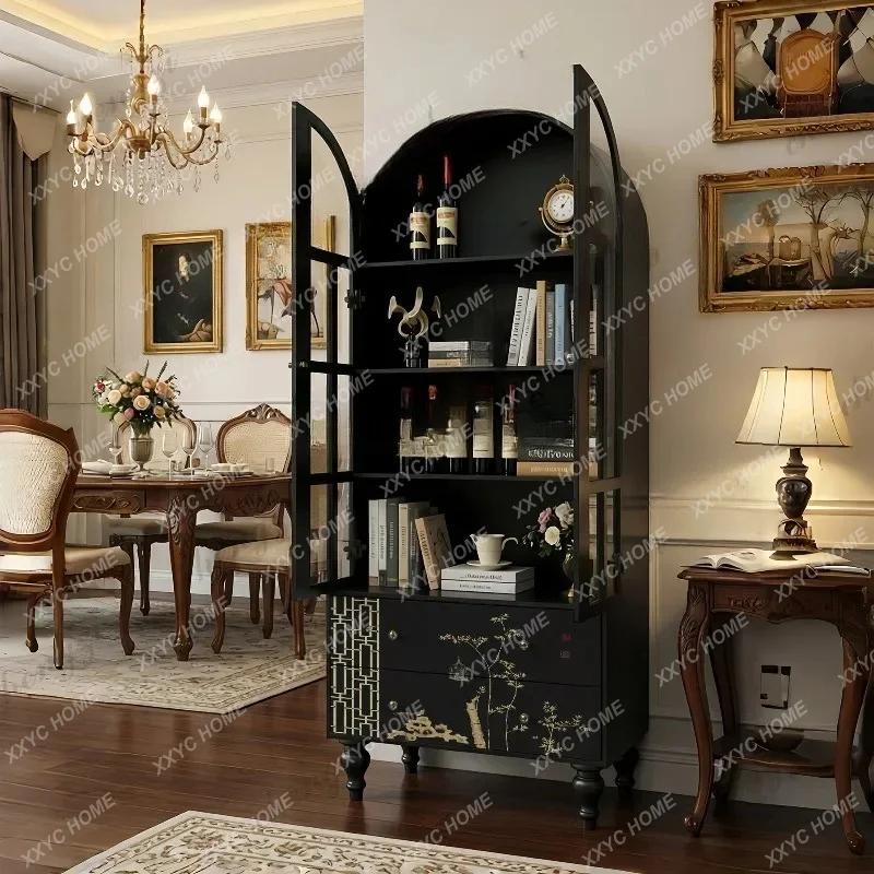 Antique arched solid wood wine cabinet retro glass display integrated locker