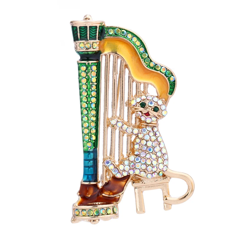 Wuli&baby Sparkling Music Cat Brooch Playing Harp Musician Multicolor Rhinestone Cute Animal Women Brooch Pins Jewelry Gift
