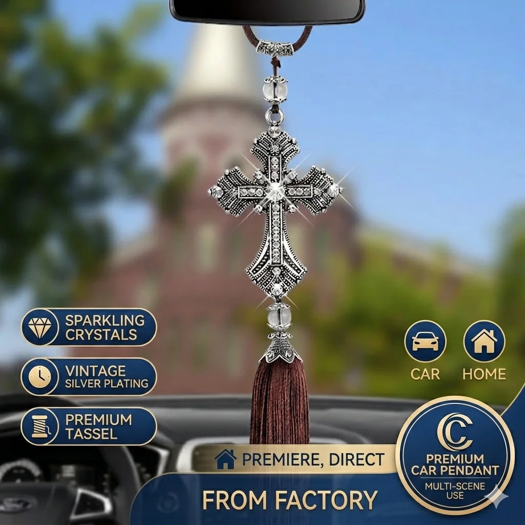 Crystal Rhinestone Cross Car Pendant Metal Jesus Christian Charms Rearview Mirror Hanging Ornament Auto Decor Accessories