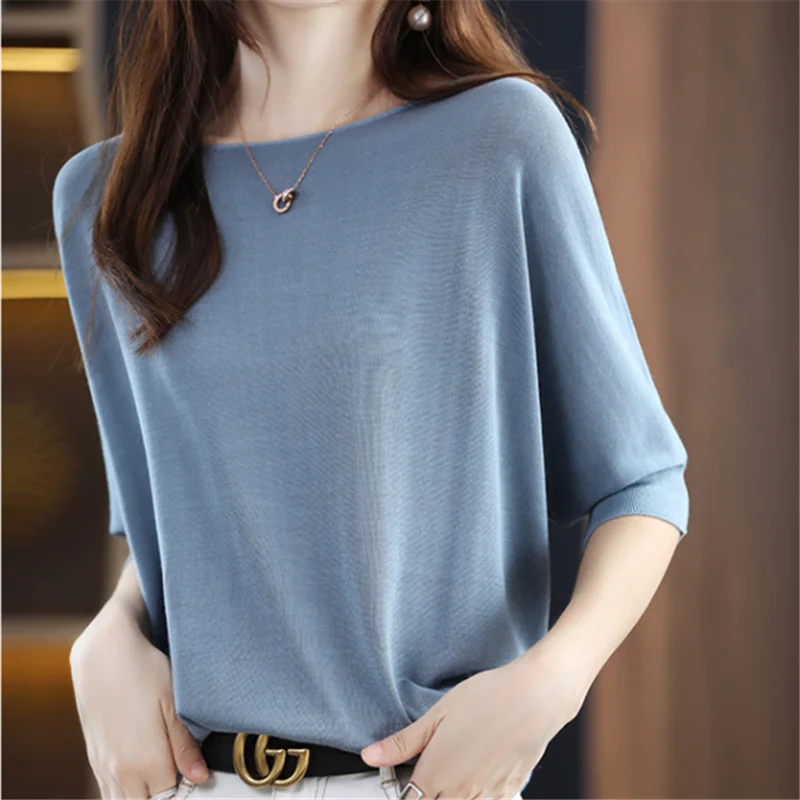 2024 New Summer Sweet Beads Ice Silk Short-sleeved Sweater Women's T-shirt Loose-fitting O-Neck Thin Knitwear Top Woman Tee L171