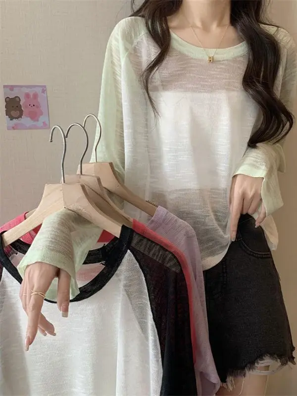 Csa Base de Manga Longa em Estilo Americano com Bloco de Cores para Mulheres, Verão, Proteção Solar e Ar Condicionado