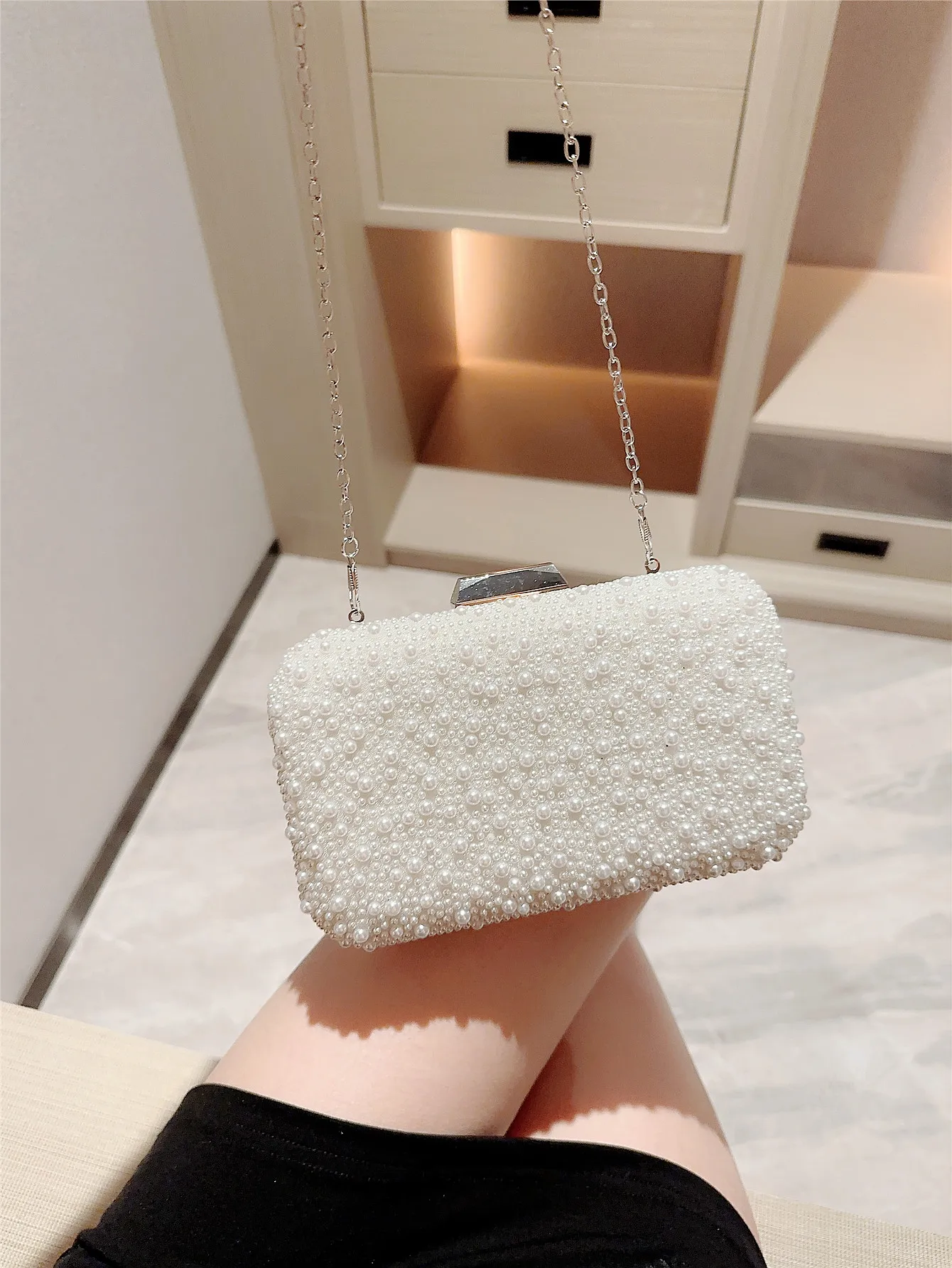 New Pearl Square Box Type Evening Bag Beaded Clutch Chain Bag Banquet Bag Evening Bag Dress Bag Wedding Bag