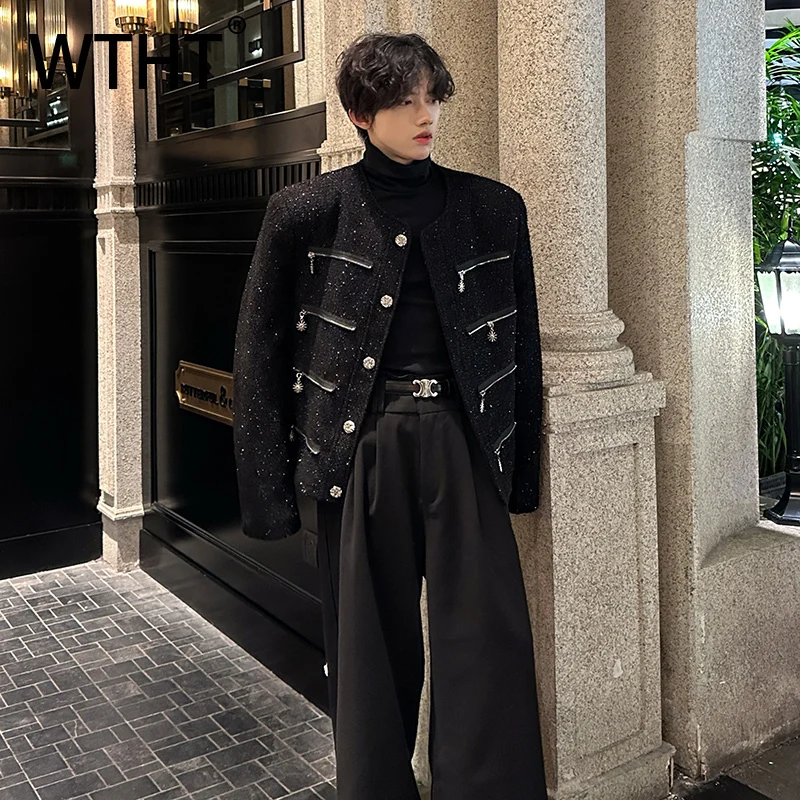 

WTHT модные мужские уличные пальто с разрезом на молнии и блестками, модные двубортные свободные куртки для мужчин, осень 2021, 2A2196