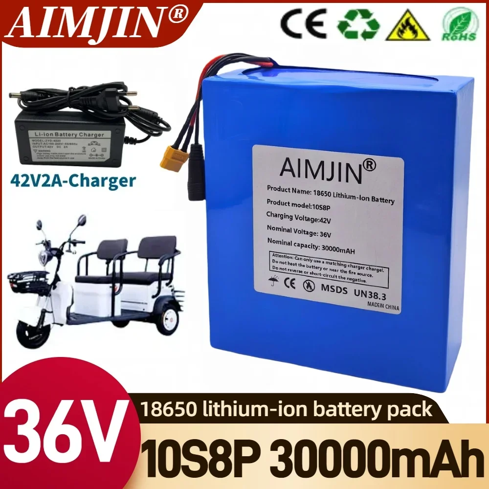 36V 30Ah 10S8P A-class 18650 lithium battery pack, 1500W built-in BMS, uitable for electric scooters electric vehicles, bicycles