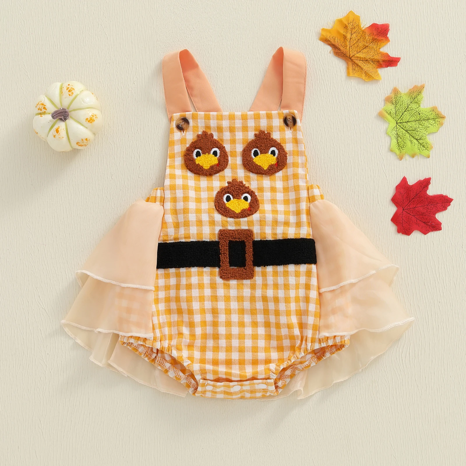 

Thanksgiving Baby Girl Overalls Sleeveless Turkey Patchwork Romper Bodysuit for Casual Daily 0-18 Months