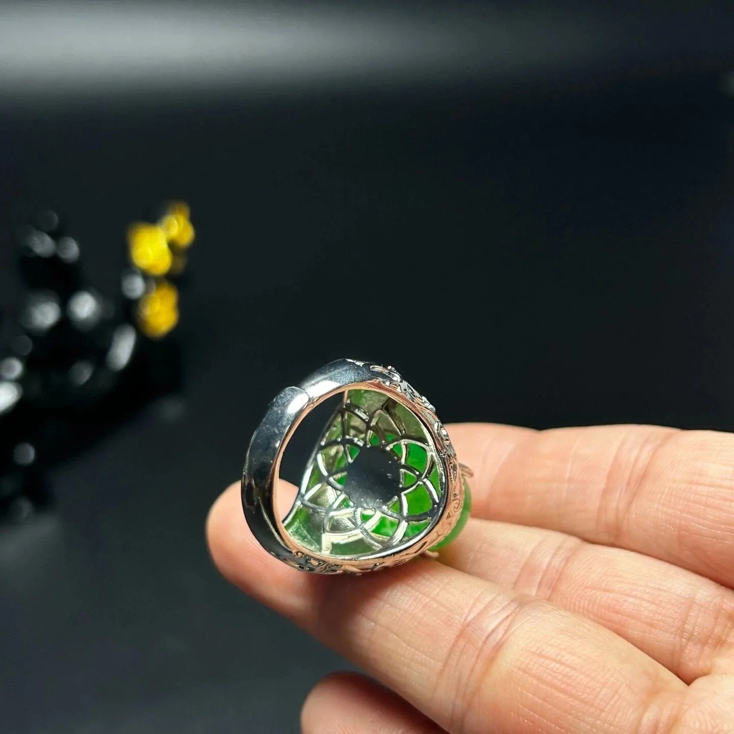 Real Natural Inlay Ice Green Burmese Jade Jadeite Archaistic Amulet Rings