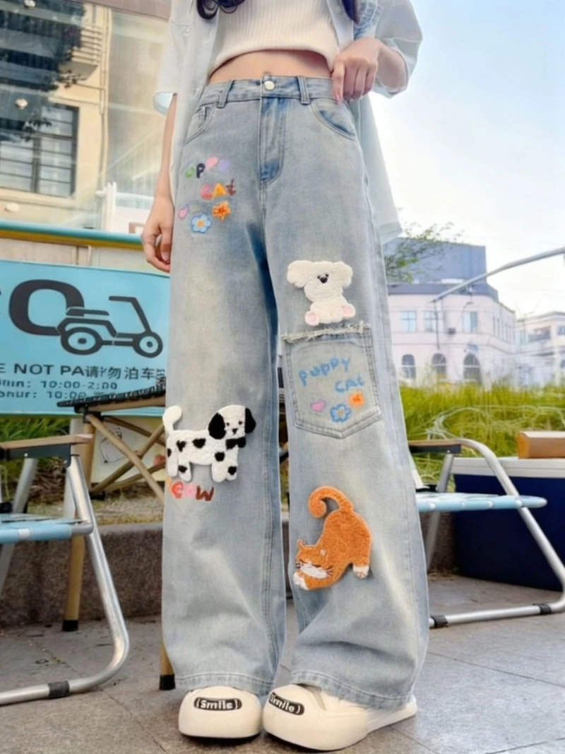 

Girls' Cartoon Embroidered Denim Straight Leg Pants 2026 New Model Stylish Big Kids Long Pants