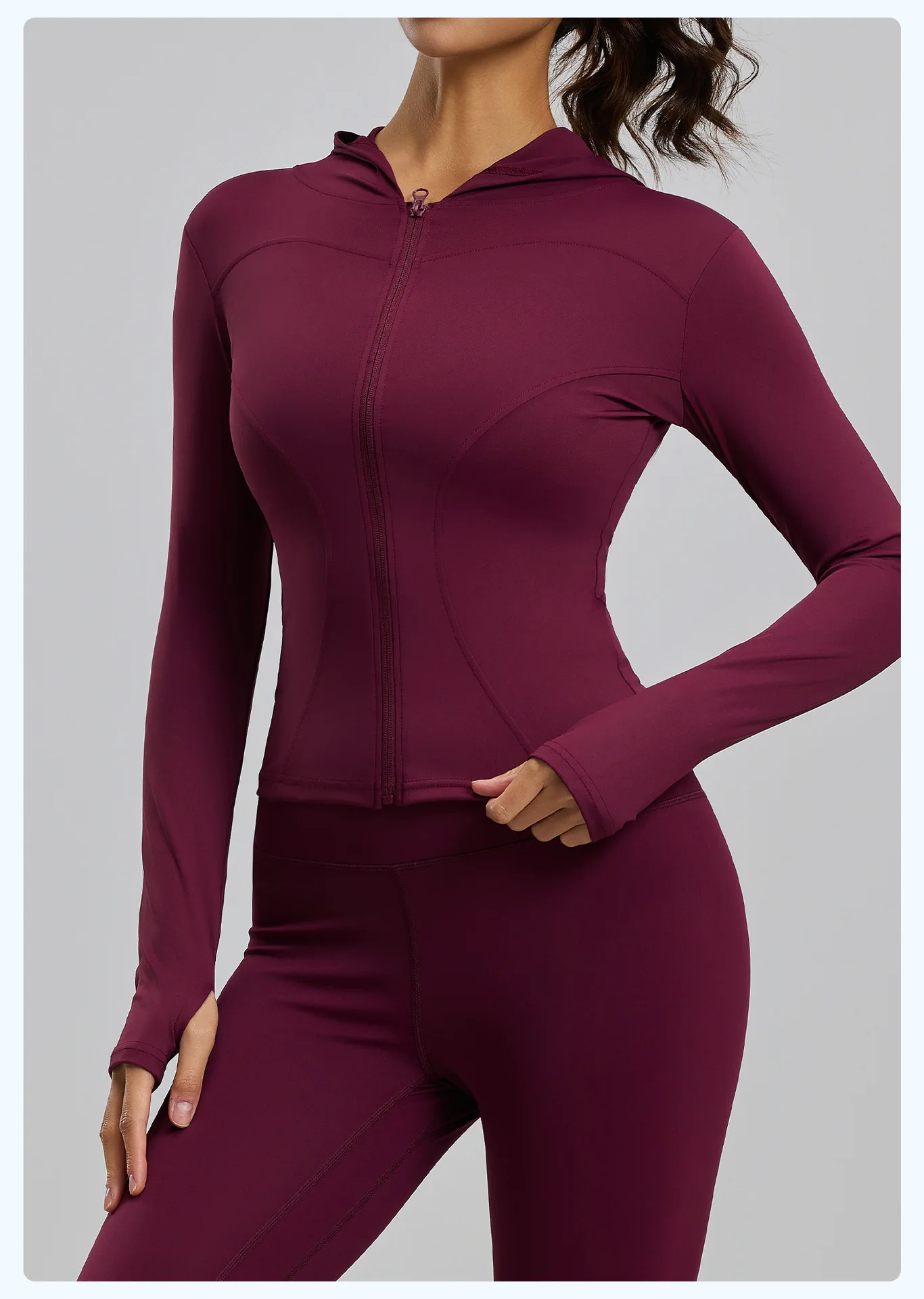 Women Zip Up Hooded Yoga Jacket Thumb Hole Slim Fit Long Sleeve Buttery Soft Gym Athletic Workout Top