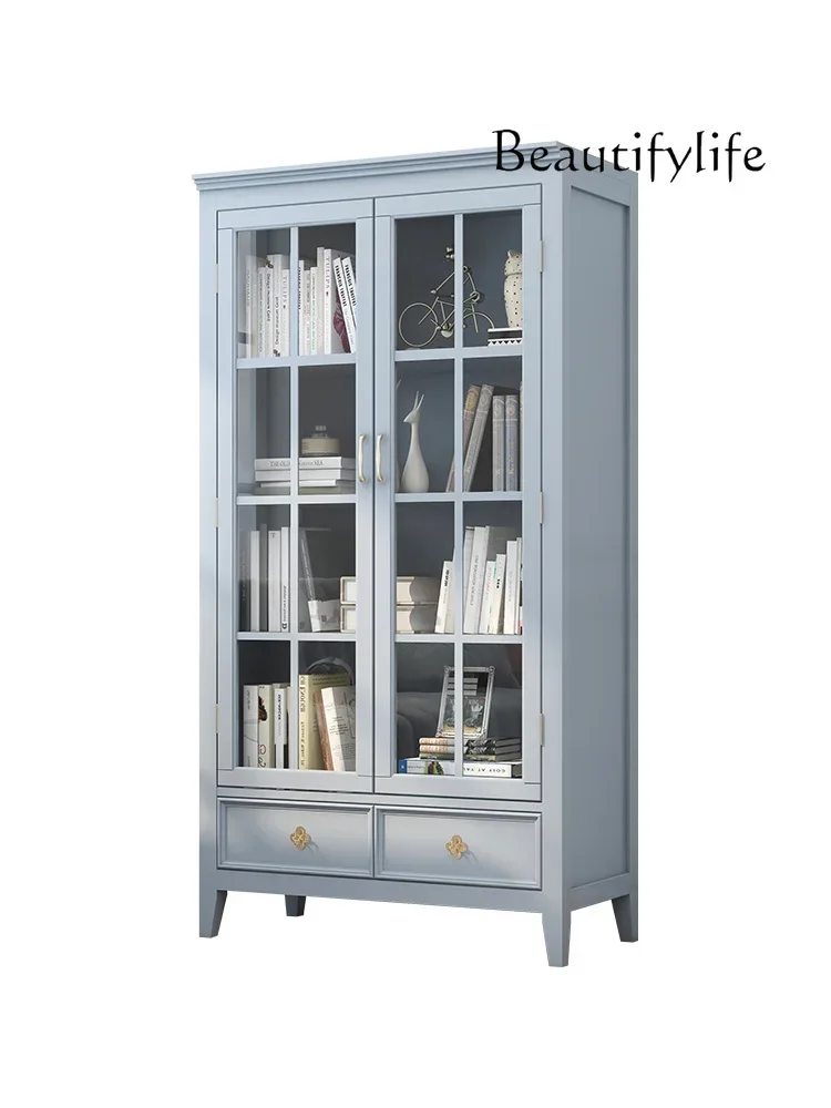 

door bookcase, dustproof solid wood bookcase, living room floor-to-ceiling high cabinet, display American light luxury bookcase