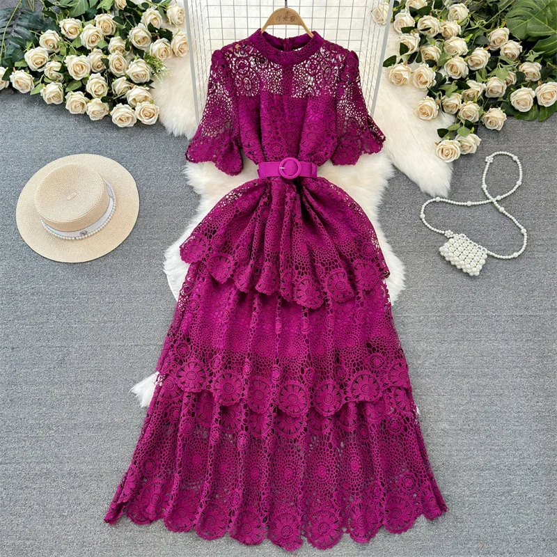 Elegant Ladies Water-soluble Lace Formal Evening Dress 2025 New Short Sleeved Belt Waist Purple Dress Emerald Hollow Party Dress