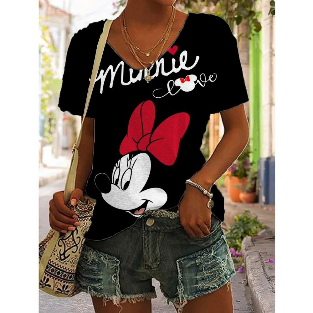 New Summer Top Size Women Disney Minnie Mickey Mouse Print T Shirt Street Casual Loose T Shirts Ladies Short Sleeve V-Neck Tee