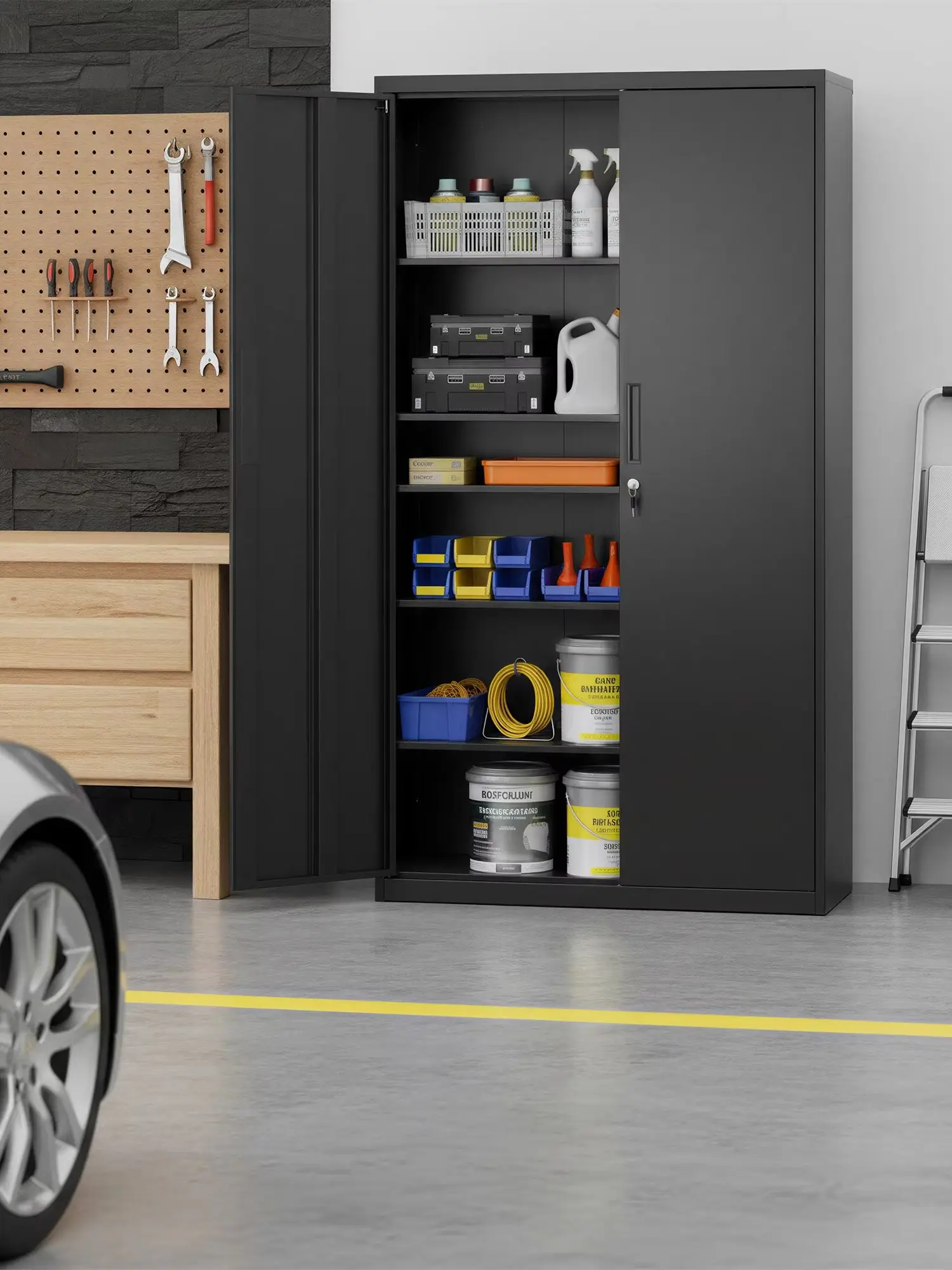 SONGMICS Aktenschrank, Mehrzweckschrank, Aufbewahrungsschrank, 5 Ebenen, Doppeltüren, Schloss, verstellbare Ablagen